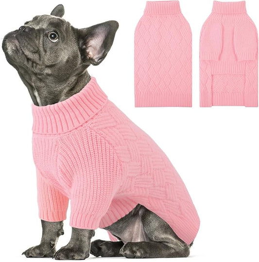 SUNFURA Small Dog Sweater, Turtleneck Dog Sweater for Cold Weather, Puppy Knitwear Pullover for Christmas Thanksgiving, Pet Winter Knitted Sweatshirt for Pug Dachshund, Pink S