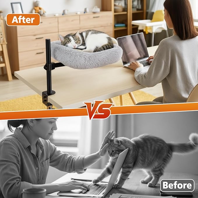 Large Cat Desk Bed - 360°Rotating Height Adjustable, Soft Removable Desk Cat Bed, Suitable for Gaming Desks and Office Desks, Maximum Weight Capacity Up to 35 lbs