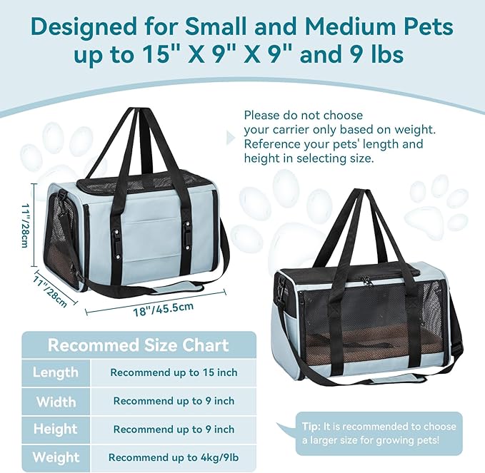 PETSFIT Cat Car Carrier for Small/Medium Cats Dogs, 18"x11"x11" Airline Approved Cat Carrier, with Patent Safety Buckles and Escape-Proof Zipper - Safeguarding Car Travel, Airplane, Vet, Outdoor