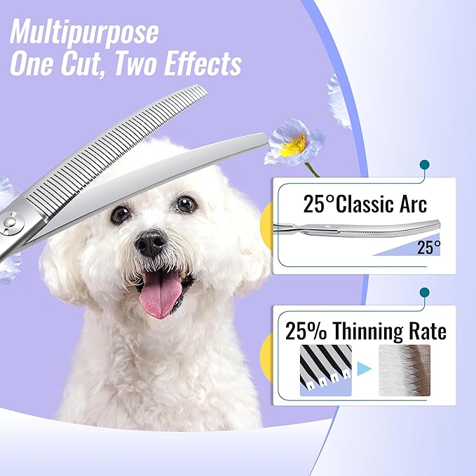 Curved Thinning Shears for Dogs Grooming 6.5'' Multipurpose Professional Pet Curved Blender Scissors for Small Dog Grooming 35% Thinning Rate (6.5 In, Curved Thinners)