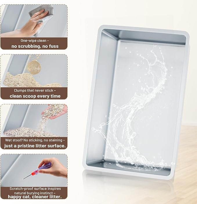 Extra Large Enclosed Stainless Steel Cat Litter Box Enclosure with Lid, Front Dual-Door and Top Exit Metal Cat Litter Pan Box for Big Cats, with Litter Scoop,Box Step, Waste Bin & Trash Bags, White