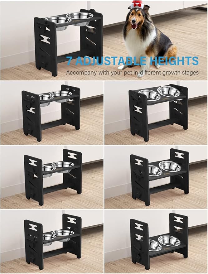 Vantic Elevated Dog Bowls, Adjustable Raised Dog Bowl Stand for Medium Sized Pet, Sturdy Bamboo Food Feeder with 2 Stainless Steel Dishes, Black