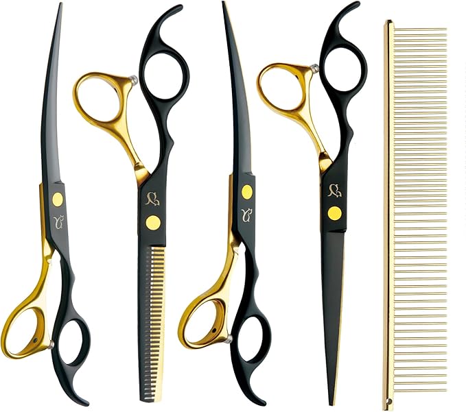 Dog Grooming Scissors,Paint Coated Curved Scissors Thinning Scissors with Safety Round Tips, Sharp and Durable 5 in 1 Dog Scissors for Grooming