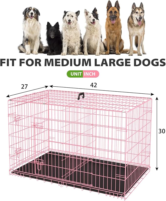 BestPet | Dog Crate | 42" | Pink | Foldable Metal Kennel with Double Doors, Secure Slide-Bolt Latches, Leakproof Tray | Portable Dog Cage for Large Breeds | for Travel, Indoor & Outdoor Use