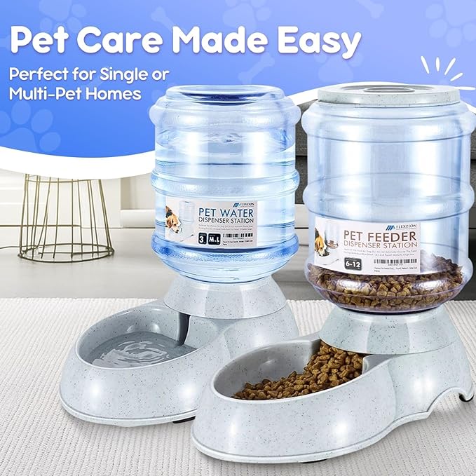 Flexzion Automatic Pet Feeder & Waterer Set of 2 Pack, Self Feeding Replenish Dog Cat Bowls, Gravity Food & Water Storage Container Fountain Jug Pet Supplies Plastic Skid Proof Rubber Feet (3 Gallon)