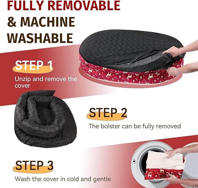 Christmas Orthopedic Washable Large Dog Bed: Memory Foam Waterproof Pet Bed with Bolsters - Removable Washable Cover for L XL XXL Large Sized Dog Bed - Non-Slip Bottom - Red