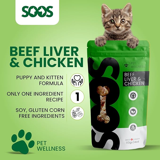 SOOS Natural Beef Liver & Chicken Treats for Dogs & Cats - High Protein, Grain Free, Vitamin Minerals, Healthy Training Treats - 113g