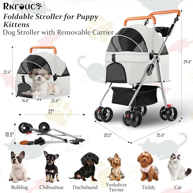 3 in 1 Dog Strollers 4 Wheels Folding Pet Stroller with Detachable Carrier Multifunction Portable Dogs Travel Carriers for Medium Small Puppy Kittens(White Gray)