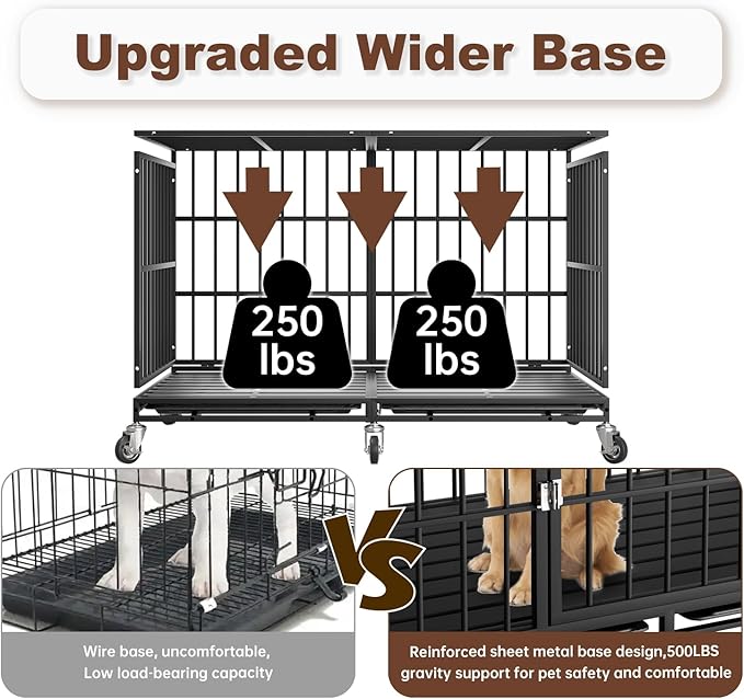 48 Inch Heavy Duty Dog Crate with Wheels，Indestructible Escape-Proof Dog Cage for Large Dogs, Extra Large XL XXL Indestructible Dog Crate with Removable Tray.