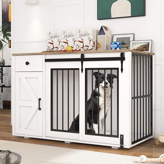 Verano Garden 44" Dog Crate, 2-in-1 Furniture-Style Dog Crate with Storage Drawer & Cabinet, Heavy Duty Dog Kennel Dog Cage Indoor for Small Medium Dogs, White (44" Left Facing Door)