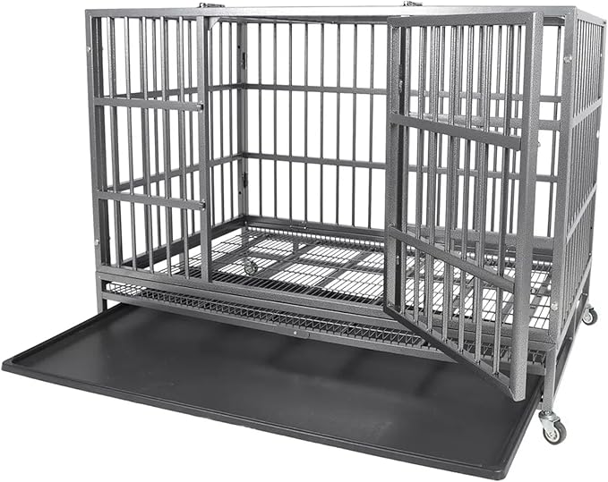 Indestructible Dog Crate Cage Kennel, 47 inches, High Anxiety Dog Crate with Removable Trays, Wheels and Double Door, for Medium and Large Dogs