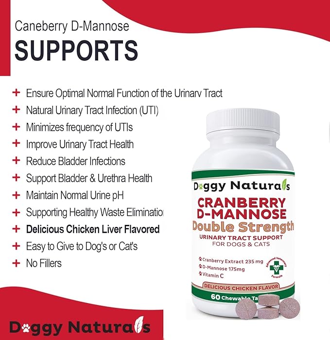 Cranberry D-Mannose for Dogs and Cats Urinary Tract Infection Support Prevents and Eliminates UTI, Bladder Infection Kidney Support, Antioxidant (Double Strength Tablet, 60 Count)