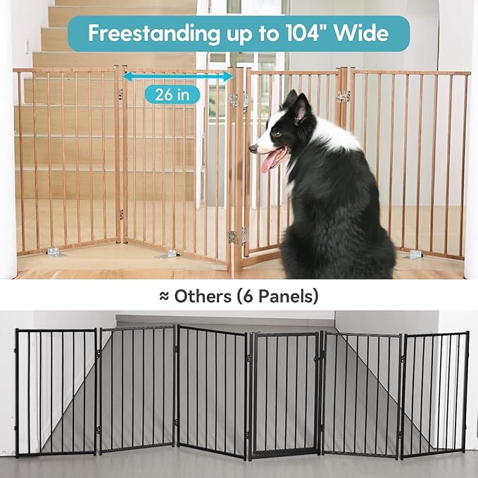 No Pawblems Free Standing Dog Gate with Door, 30'' Tall Foldable Dog Fence for Indoor & Outdoor, Up to 104" Extra Wide Puppy Gate for Stairs, Hallways, Doorways, Deck, Yard (Wood Pattern, 4 Panels)