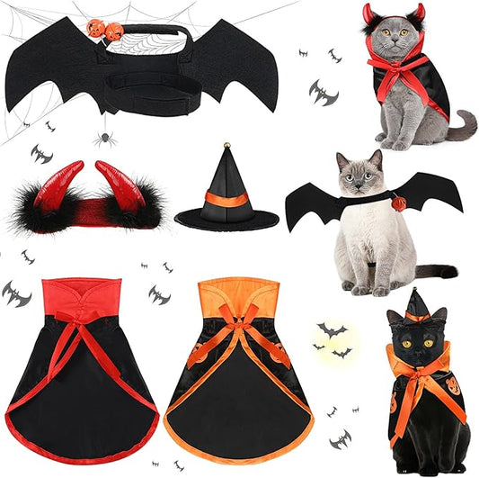 5 Pcs Cat Halloween Vampire Costume Halloween Pet Costume Clothes Set Cat Vampire Cloak Devil Witch Hat Bat Wings Wizard Clothes for Puppy Cosplay Dress up Accessories
