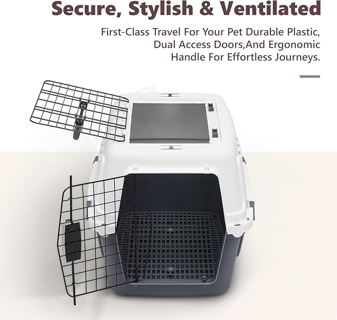 Athena Collection 22" Hard-Sided Travel Pet Carrier for Small Dogs and Cats, Plastic Dog Crate with 2-Door Top & Front Load, Ventilation, Security Lock, Cat Dog Carrier for Pet, up to 22lbs, Grey