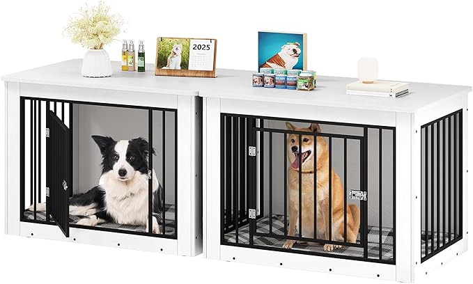 YITAHOME 76 Inch Double Dog Crate Furniture, XXL Dog Crate Furniture for 2 Dogs, Side End Table, Waterproof Top, Safety Corners, 2-in-1 Iron-Wood Fusion Dog Kennel Furniture for 2 Large Dogs,White