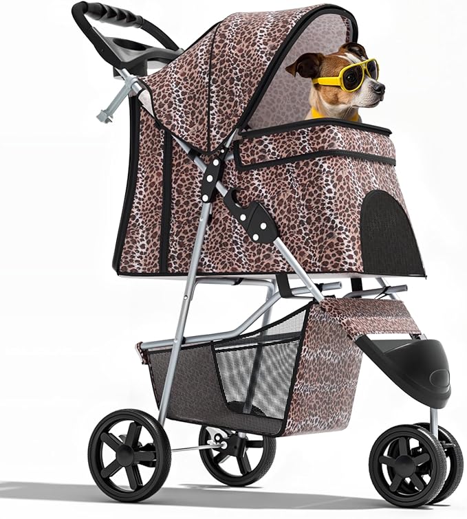 Magshion 3-Wheel Pet Stroller, Foldable Travel Jogger for Small & Medium Dogs & Cats (Up to 33lbs), Lightweight Carrier with Breathable Mesh Cover, Cup Holder & Storage Basket, Leopard Print
