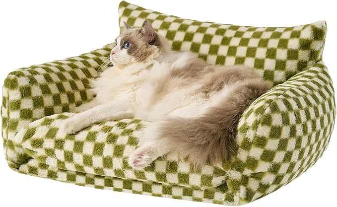 Hollypet Cat Bed Fluffy Plush Mutifuctional Double-Layer Soft Pet Couch Orthopedic Sofa Nest Beds for Small Cats and Dogs, Green and White (25x20x13 inch)