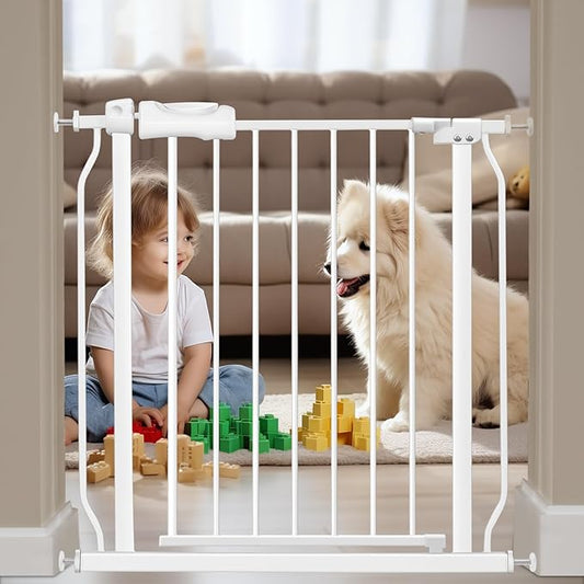 Narrow Baby Gates for Stairs Doorways Auto Close Tension White Metal Child Pet Safety Gates with Pressure Mount 29-34 Inch Wide