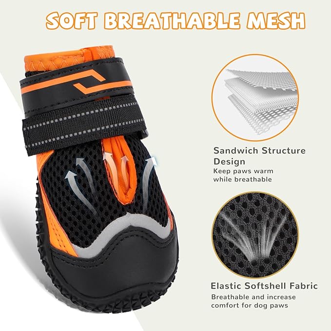 Dog Shoes for Hot Pavement,Dog Boots & Paw Protectors for Large Medium Size Dogs to Prevent Licking,Dog Booties with Reflective for Outdoor,Hiking,Hardwood Floors,Winter Snow(Black Orange,Size8)
