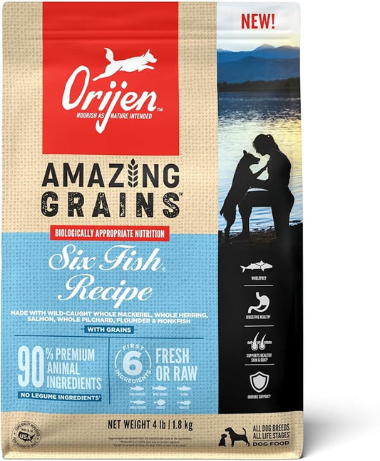 ORIJEN Amazing Grains High Protein Dry Dog Food Six Fish Recipe 4lb Bag