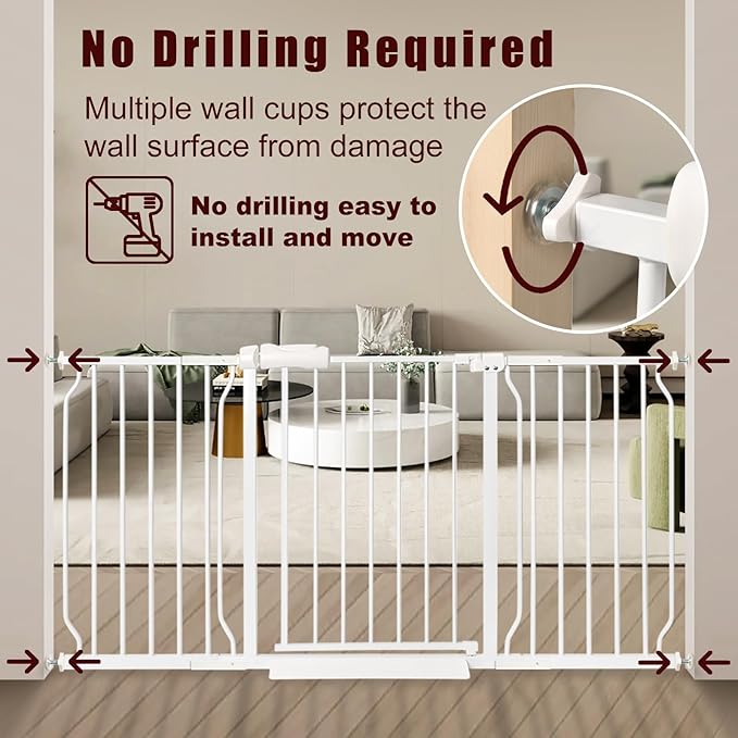 Extra Wide Baby Gate 66.9-71.65 Pressure Mounted,Child Dog Pet Safety Gates with Walk Through Door for Doorways Stairs No Drilling in Door,White