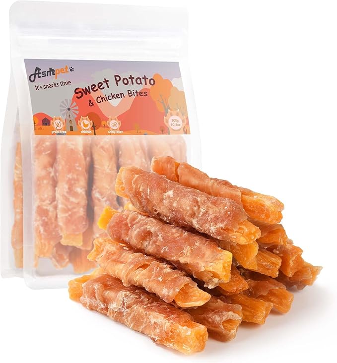 ASMPET Dog Treats Chews, Chicken Wrapped Sweet Potato Strips, Gluten & Grain Free Dog Snacks for Training Rewards 10.6 oz
