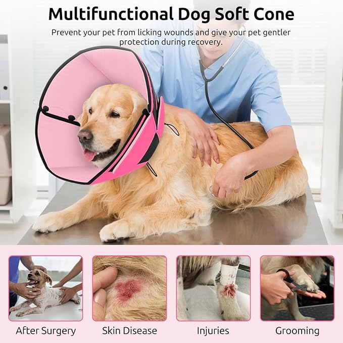 Queenmore Dog Cones for Small Dogs, Soft Cone for Dogs After Surgery, Adjustable Comfy Cone for Dogs & Cats, Comfortable Pet Cone After Surgery for Wound Healing, Pink S