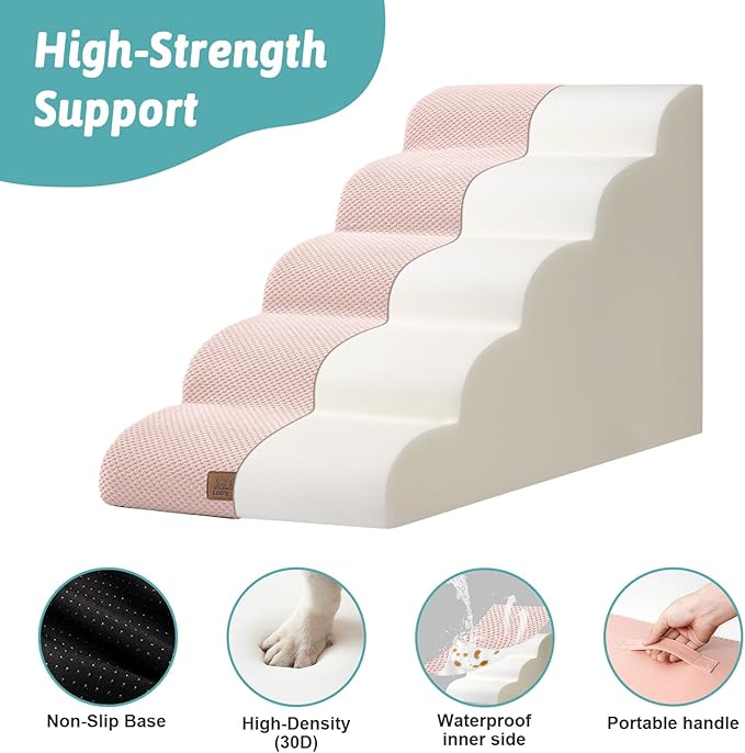 Wide Dog Stairs 19.7" Width, Pet Step for Small/Medium/Large Dog, Puppy or Cat, Pet Ramp for High Bed or Car, High Density Foam Ladder, 19.7x33x22.4 in, Stable, 5 Step, Pink