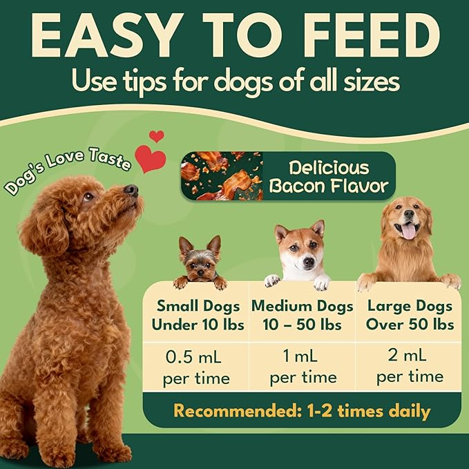 Liquid Collagen for Dogs, Natural Dog Collagen for Skin & Coat Support, Immune Support, Joint & Mobility Care with MSM, Middle-Aged and Older Dogs (Bacon Flavor - 60ml)