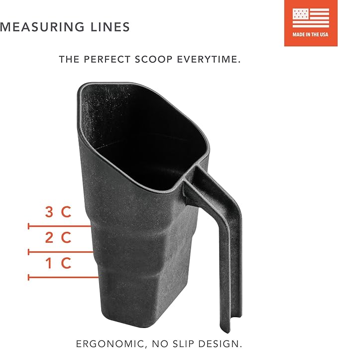 Dog Measuring Food Scoop, Ergonomic No-Slip Grip, 3 Cup Pour Scooper, Good for Scooping Ice & Animal Feeds, Heavy Duty Material, Measuring Cup Markers Inside for Perfect Proportion Every Scoop