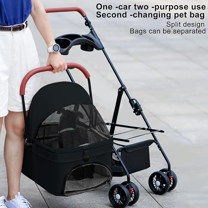 Pet Stroller-Folding 4 Wheels Cat/Dog Stroller for Medium Small Pets with Storage Basket and Cup Holder Suitable for Going Out and Traveling (Black)