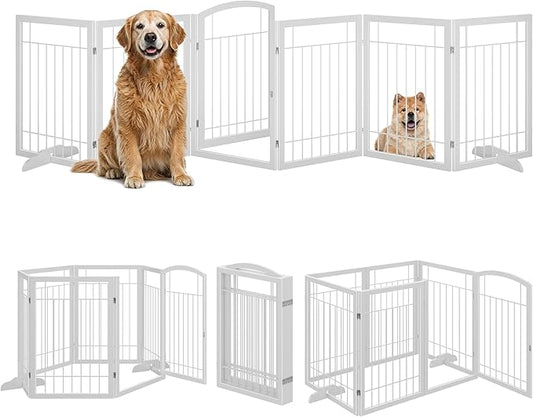 Vantas Folding Pet Gate 144" Wide, 30" Tall No-Assembly Metal Dog Gate, Freestanding Wire Pet Gate, Pet Puppy Safety Fence, Extra Wide with 2PCS Support - White