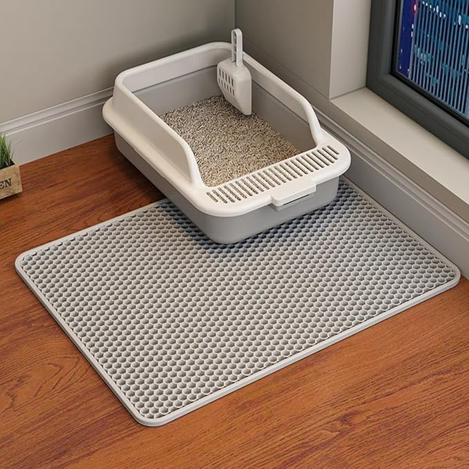 Cat Litter Mat Cat Litter Trapping Mat, 18 x 12 inch Honeycomb Double Layer Design, Urine and Water Proof Material, Scatter Control, Less Waste, Easier to Clean, Washable Gray