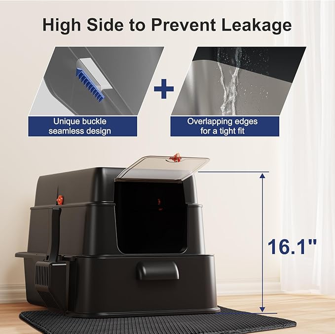 FURTIME Stainless Steel Litter Box with Lid, XL Extra Large Cat Litter Box for Big Cats, Enclosed Drawer Metal Litter Boxs with High Sided Enclosure & Mat, Front & Top Entry, Odor Free, Anti-Leakage