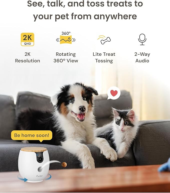 Furbo Mini 360° [New] 2K QHD Pet Camera: Dog & Cat Rotating Treat Dispenser w/Phone App, Smart Indoor Cam with 2-Way Speaker & Night Vision. No Subscription Needed. Standard See, Talk, & Toss Features