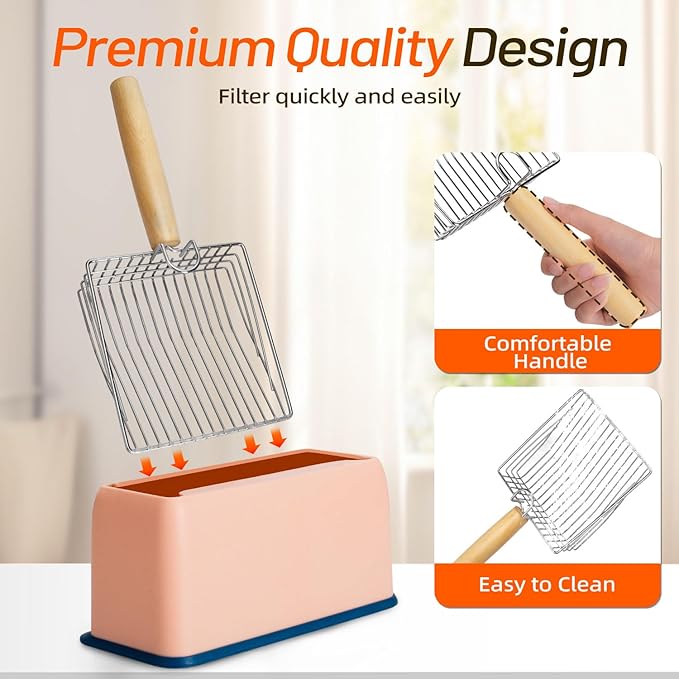 Metal Cat Litter Scoop Kitty Metal Scooper with Hook and Hole, Heavy Duty Stainless Steel Shovel with Wooden Stainless Steel Kitten Poop Lifter for Litter Box(Blue)