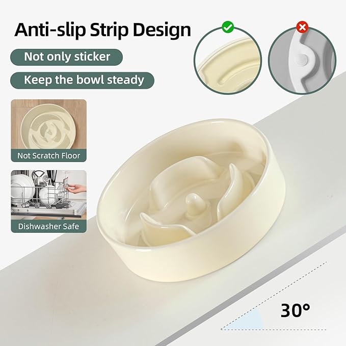 6.1inch Ceramic Raised Dog Slow Feeder Set, Elevated Bowl with Wooden Stand for Small Dog and Cat, Puzzle Slow Dog Food Dish, Anti-Gulping(Beige, Single Bowl+ Stand)