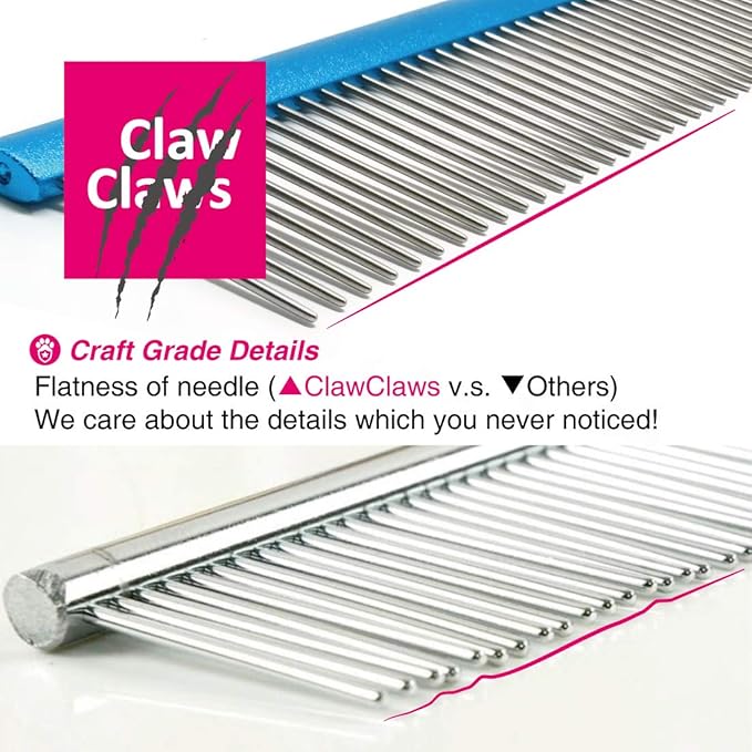 Greyhound Comb with Oval Handle for Dogs and Cats, Removing and Shedding Matted, Tangled Hair, Metal Comb with Stainless Steel Pins, Detangling Grooming Tool (9.8" Blue-20% fine pins)