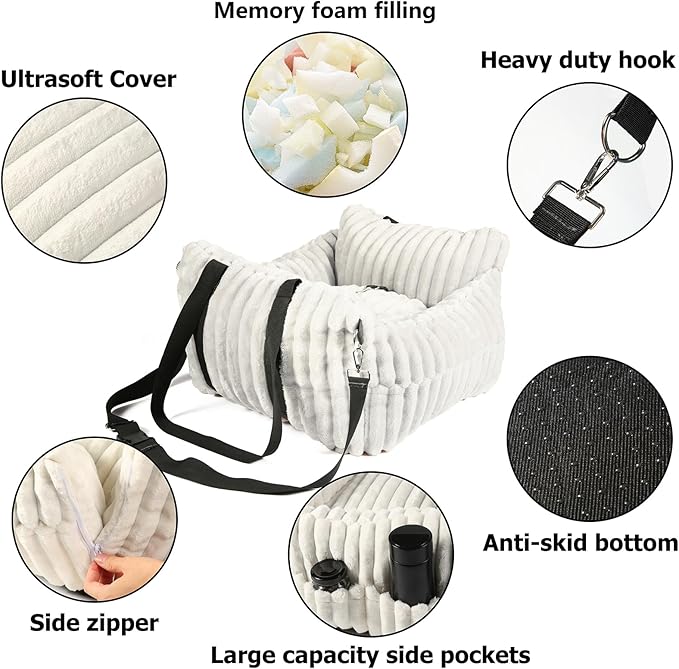 Dog Car Booster Seat, for Small Dogs Under 30 lbs, Detachable Washable Travel Bed with Storage Pockets and Safety Belt (Beige, Medium)