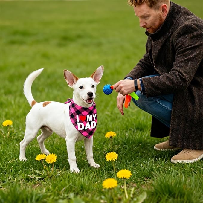 GreenJoy Cute Plaid Dog Bandana – Washable Pet Triangle Scarf for Small, Medium, Large Dogs and Cats, Adjustable Pet Accessory for Birthday, Wedding and Christmas (Pink (I Love My Dad), Small)