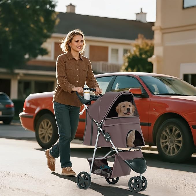 Cat Dog Stroller - 3-Wheels for Medium/Puppy Dogs 30 Lbs, Cats - Foldable with Storage Basket, Cup Holder, Breathable Mesh - Coffee