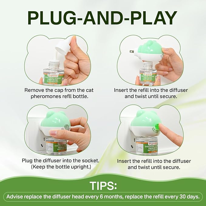 Cat Calming Diffuser with 3 Timing Functions, 6-in-1 Cat Pheromones Calming Diffuser Kit, 120-Day Anxiety Relief, Stress Reduction & Relaxation for All Cats (2 Diffusers + 4 Refills)