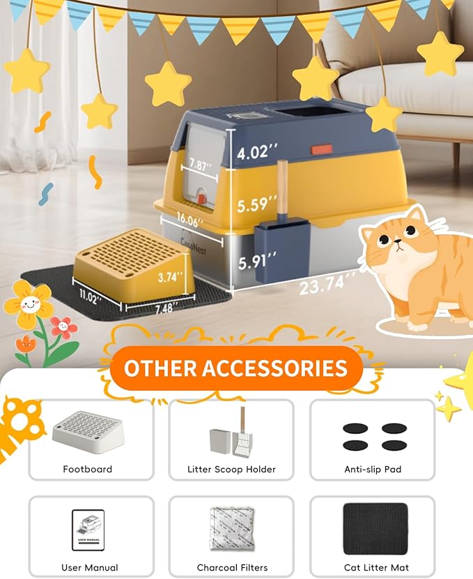 3-in-1 Stainless Steel Cat Litter Box with Lid, Enclosed Top Entry Metal Litter Box for Large Cats, Non-Stick & Odor Control, Leak-Proof, Easy Cleaning for Multi-Cat Home, Extra Large, Yellow