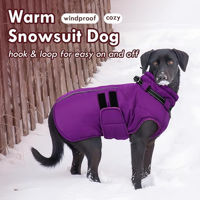 Dog Winter Coat with Harness, Warm Dog Jackets for Large Dogs Waterproof, Adjustable Hook&Loop Reflective Snowsuit, Cold Weather Coats for Dogs Labrador Doberman, XXXL Purple