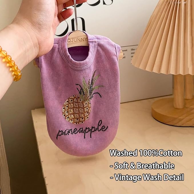 Washed Cotton Pet Vest with Rhinestone Fruit Designs, Soft & Stylish Small Dog Cat Vest for Spring Summer, Breathable & Shiny (Purple-Pineapple, Small)