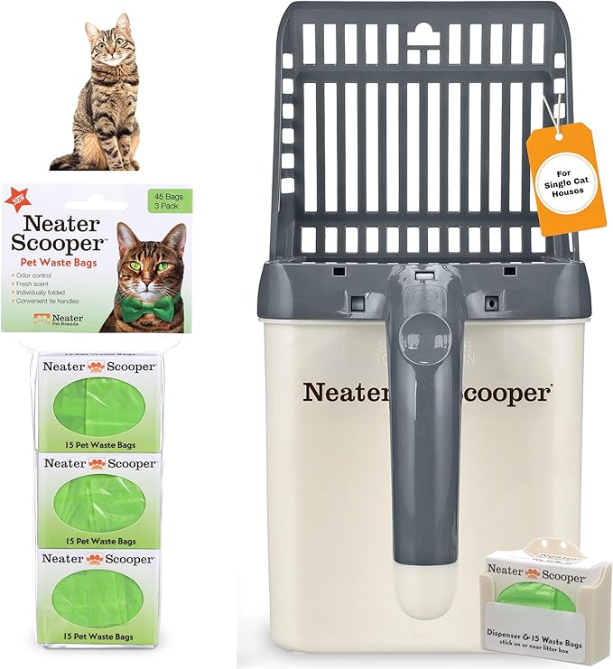 Neater Pet Brands Neater Scooper Standard Cat Litter Scoop, 60 Refill Bags – Mess-Free Cat Litter Scooper with Bag, Spill-Proof Kitty Box Sifter, Bin Doubles as Scoop Holder, For Single-Cat Households