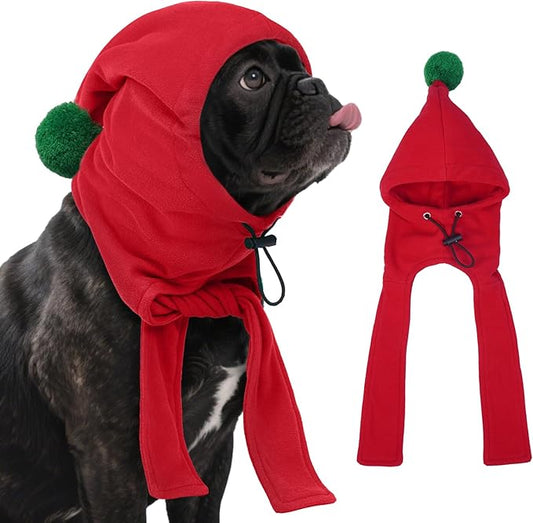 DENTRUN Dog Winter Hat with Scarf & Pom Pom - Adjustable Fleece Hood for Small Dogs, Christmas Costume, Red (S:8-10" Head Girth)