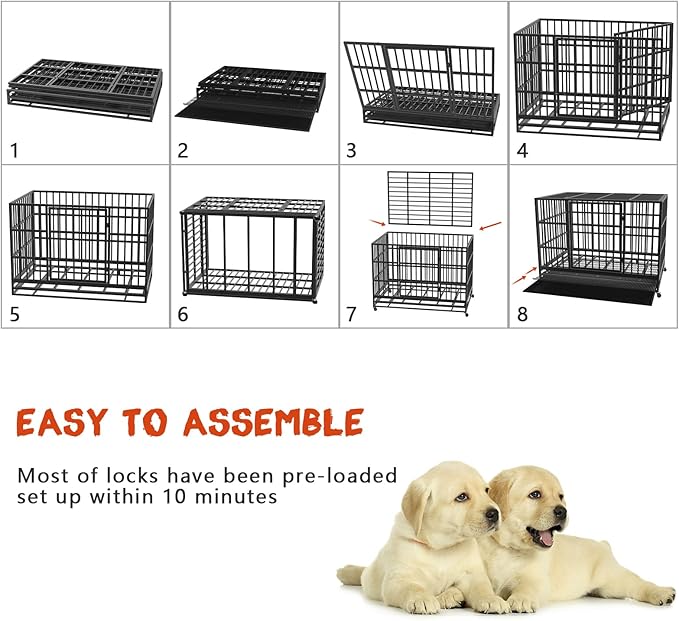 LEMBERI 48/38 inch Heavy Duty Indestructible Dog Crate, Escape Proof Dogs Cage Kennel with Lockable Wheels,High Anxiety Double Door Kennel,Extra Large Crate Indoor for Large Dog with Removable Tray