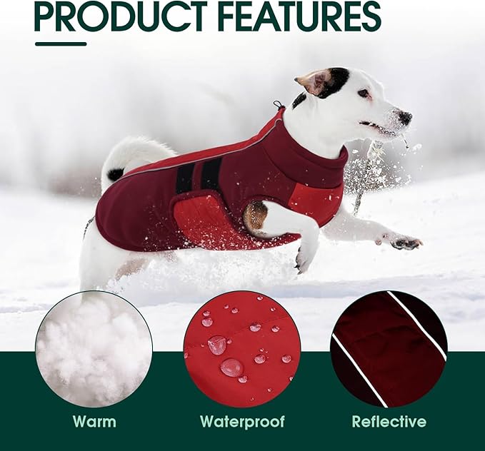 Kuoser Dog Jacket, Dog Coats for Large Dogs Winter Waterproof, Reflective Doggie Vest with Leash Hole, Cold Weather Coats Pet Snow Jacket for Labrador Beagle, Red XL
